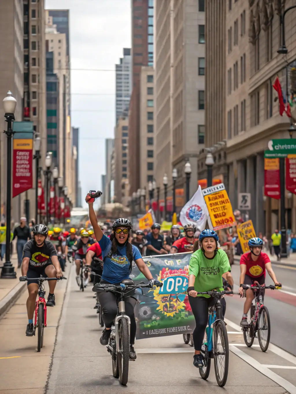 A diverse group of cyclists participating in a community cycling event, promoting cycling awareness and encouraging participation from all age groups.