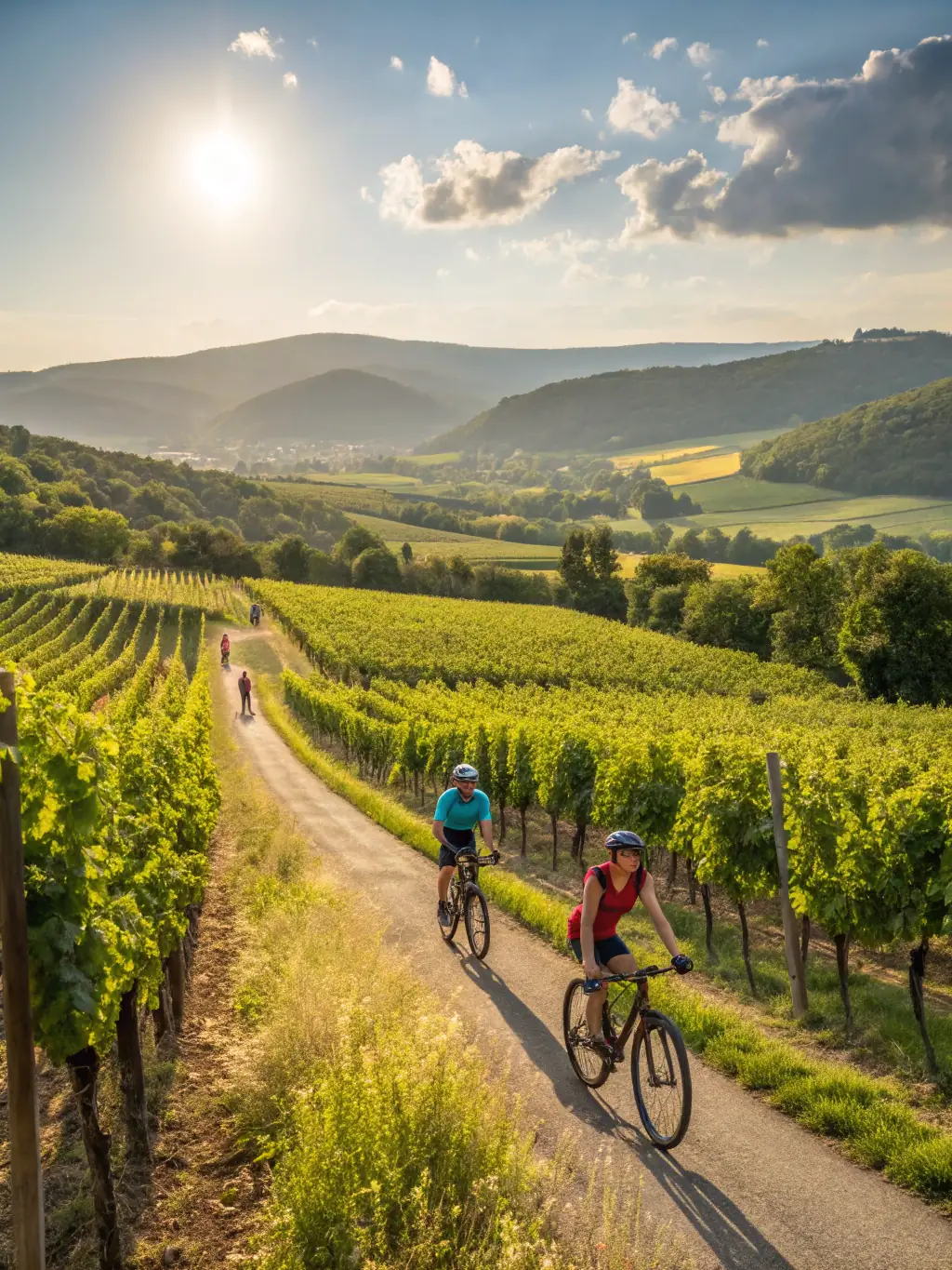 A scenic image of a group of cyclists riding together on a countryside road, enjoying a leisurely group ride with rolling hills and vineyards in the background.