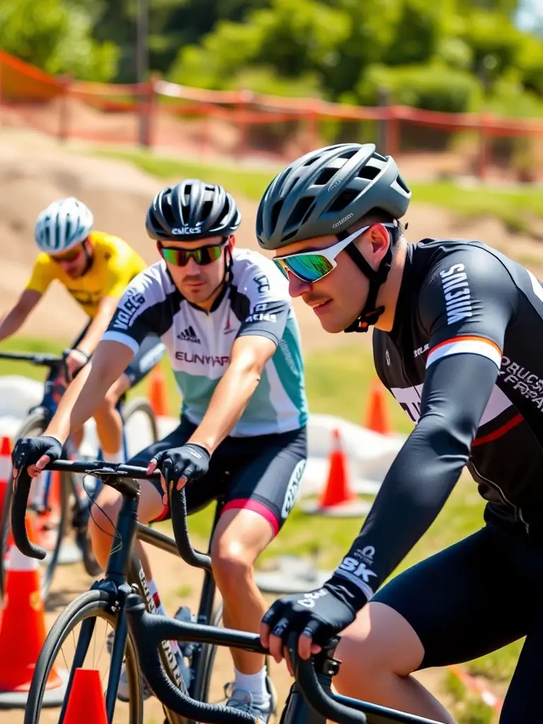 A group of cyclists participating in a high-intensity training session on a closed circuit, focusing on speed and agility, under the guidance of a coach.
